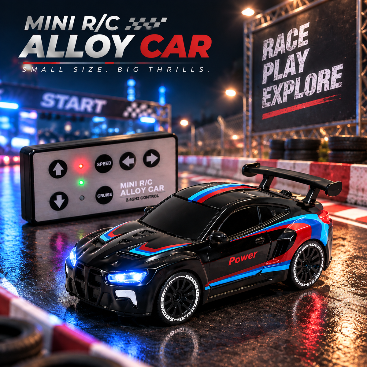 Mini 1:64 RC Alloy Car with LED Lights & 2.4GHz Remote