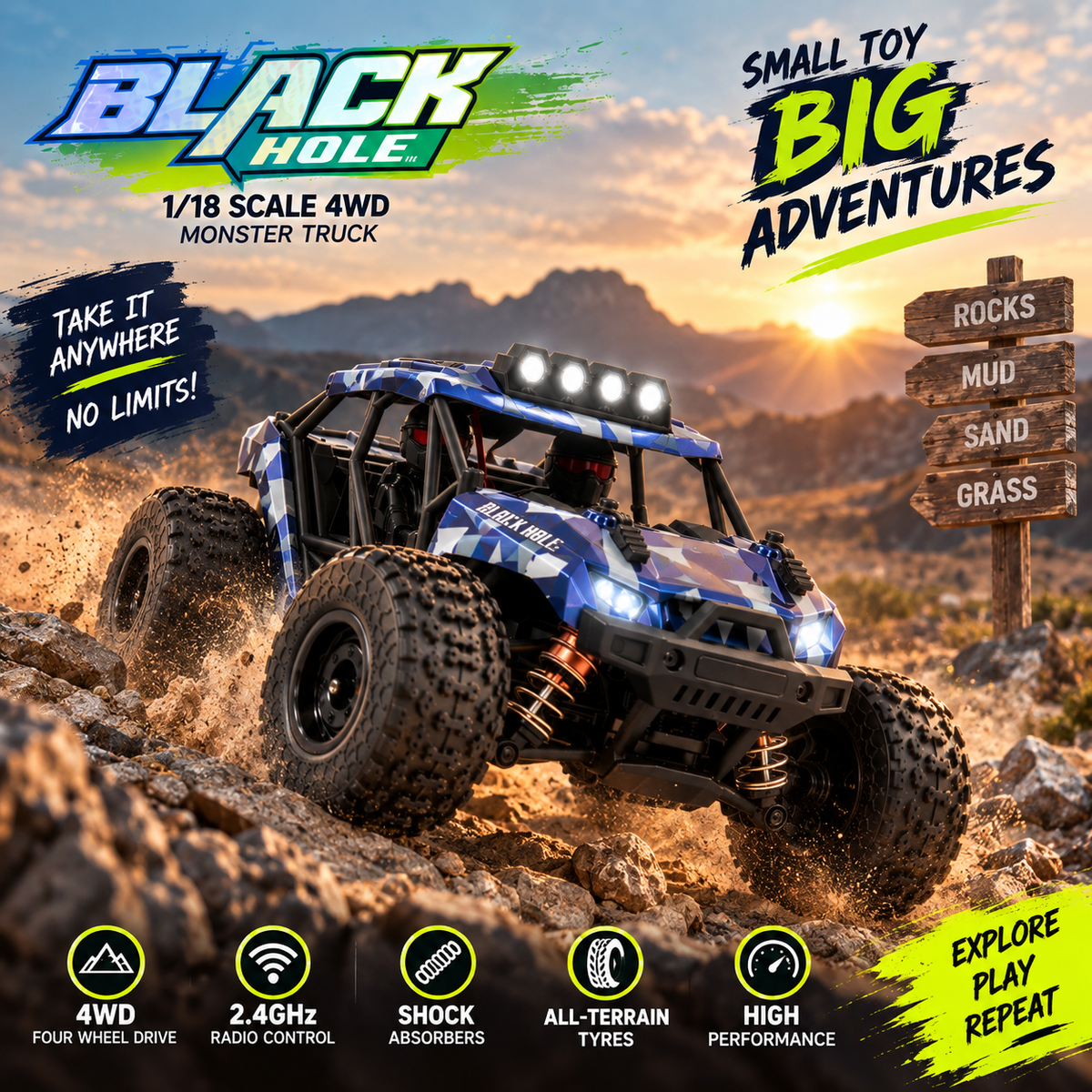 Black Hole 1:18 4WD RC Monster Truck with LED Lights
