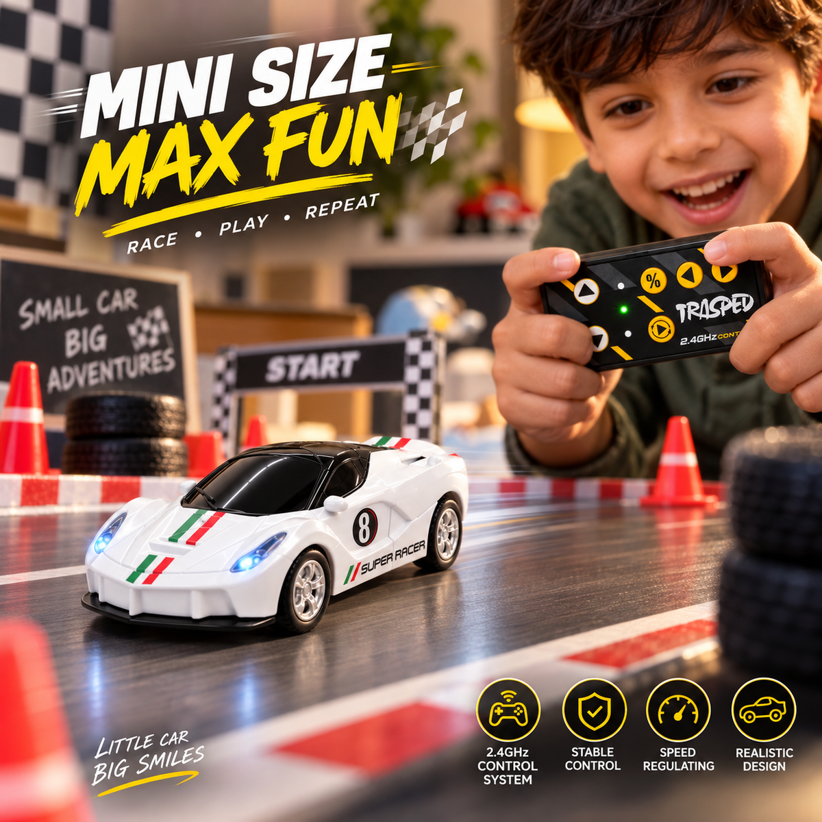 Mini 1:64 RC Alloy Racing Car with LED Lights – White