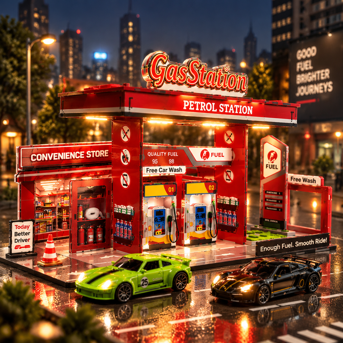 DIY Gas Station Acrylic Playset – 26 Pieces with 2 Alloy Cars