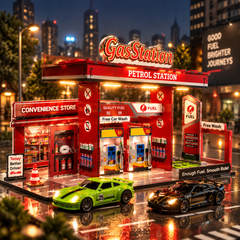 DIY Gas Station Acrylic Playset – 26 Pieces with 2 Alloy Cars