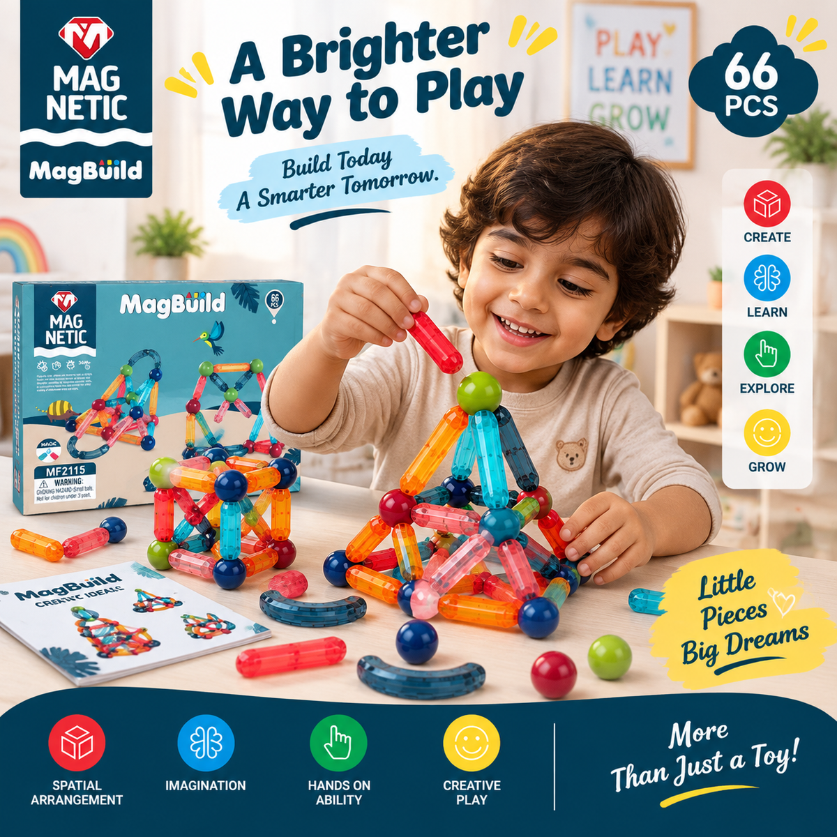 MagBuild 66-Piece Magnetic Building Set – Creative STEM Construction Toy