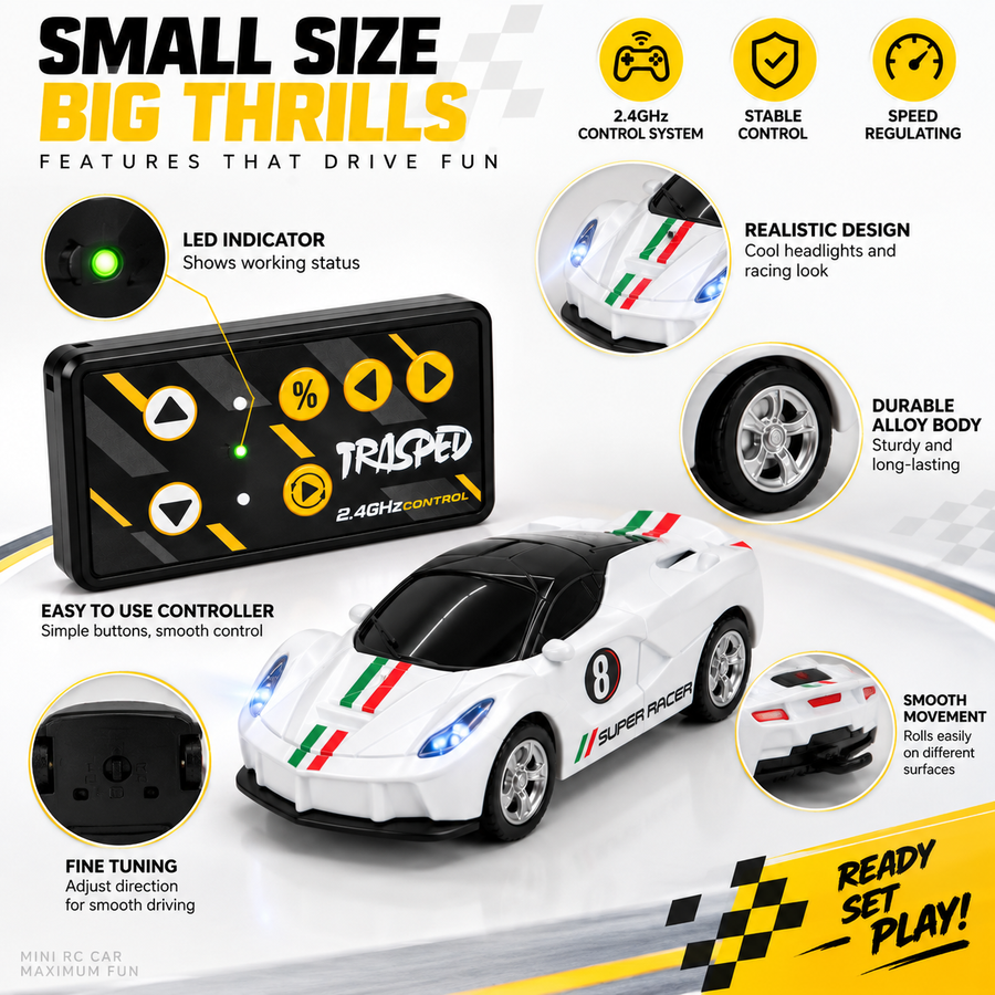 Mini 1:64 RC Alloy Racing Car with LED Lights – White