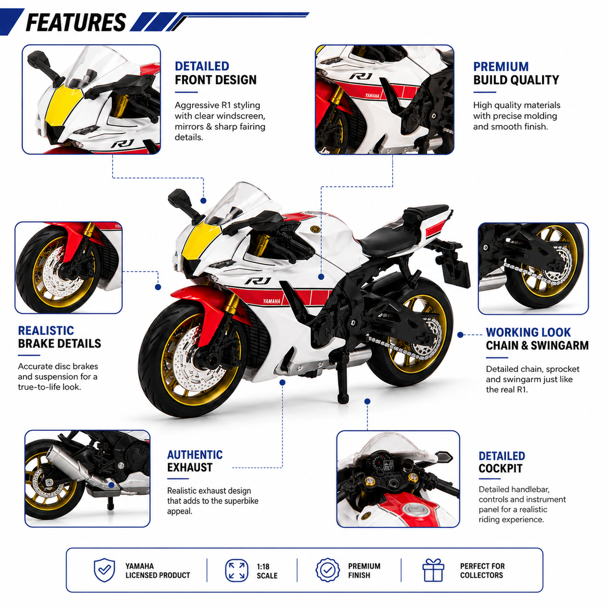 Yamaha R1 1:18 Scale Collectible Model Motorcycle – White & Red