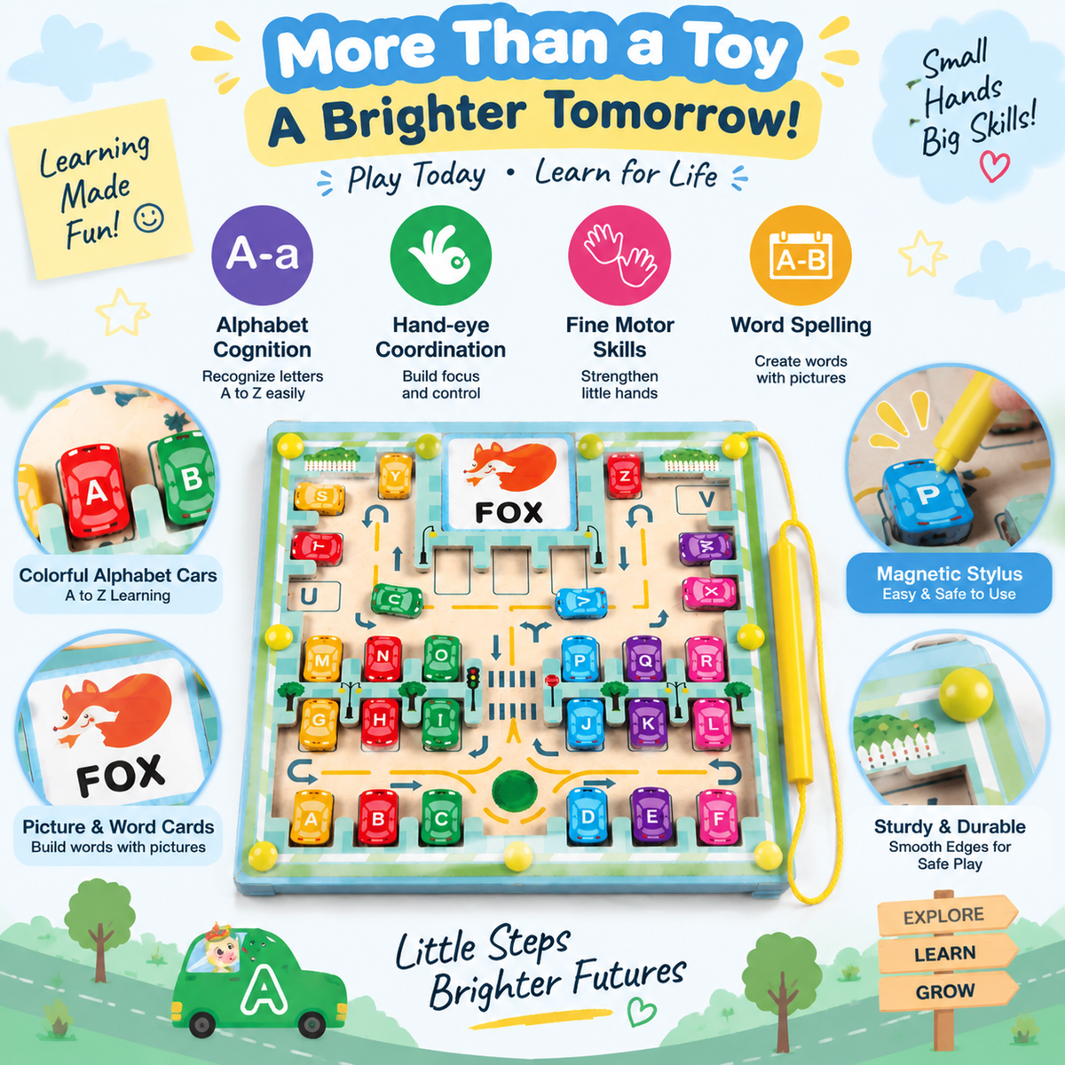 Magnetic Alphabet Maze & Spelling Board with Letter Cars