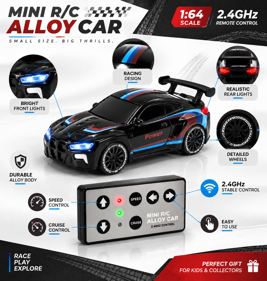 Mini 1:64 RC Alloy Car with LED Lights & 2.4GHz Remote