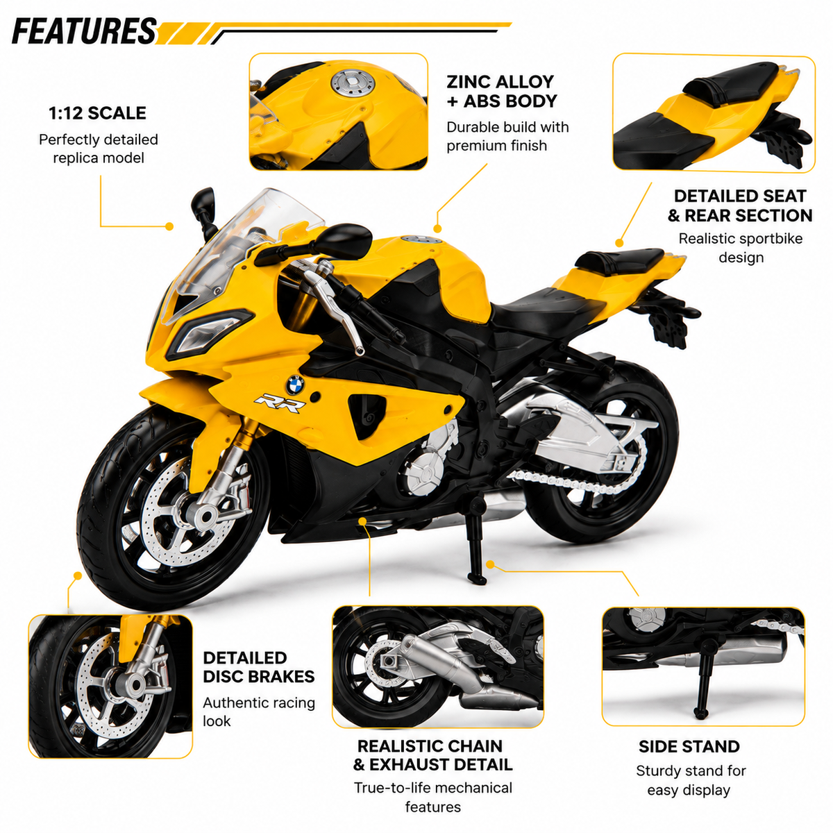 BMW S1000RR 1:12 Die-Cast Model Motorcycle – Yellow