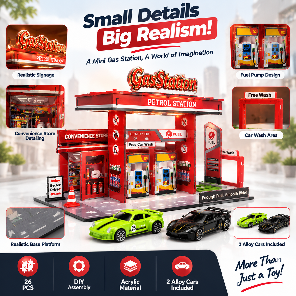 DIY Gas Station Acrylic Playset – 26 Pieces with 2 Alloy Cars