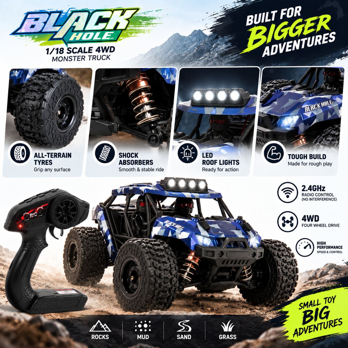 Black Hole 1:18 4WD RC Monster Truck with LED Lights