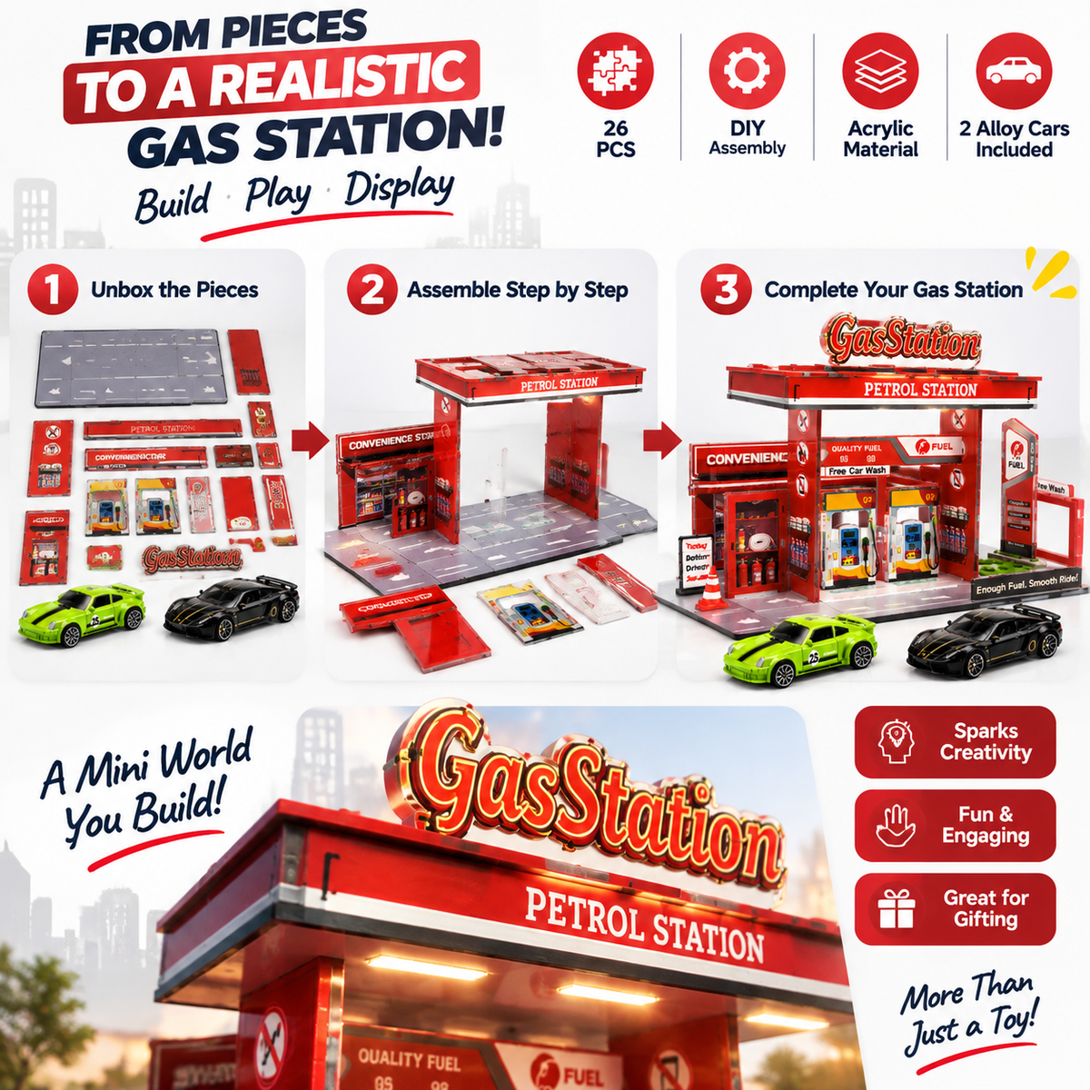 DIY Gas Station Acrylic Playset – 26 Pieces with 2 Alloy Cars
