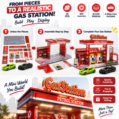 DIY Gas Station Acrylic Playset – 26 Pieces with 2 Alloy Cars
