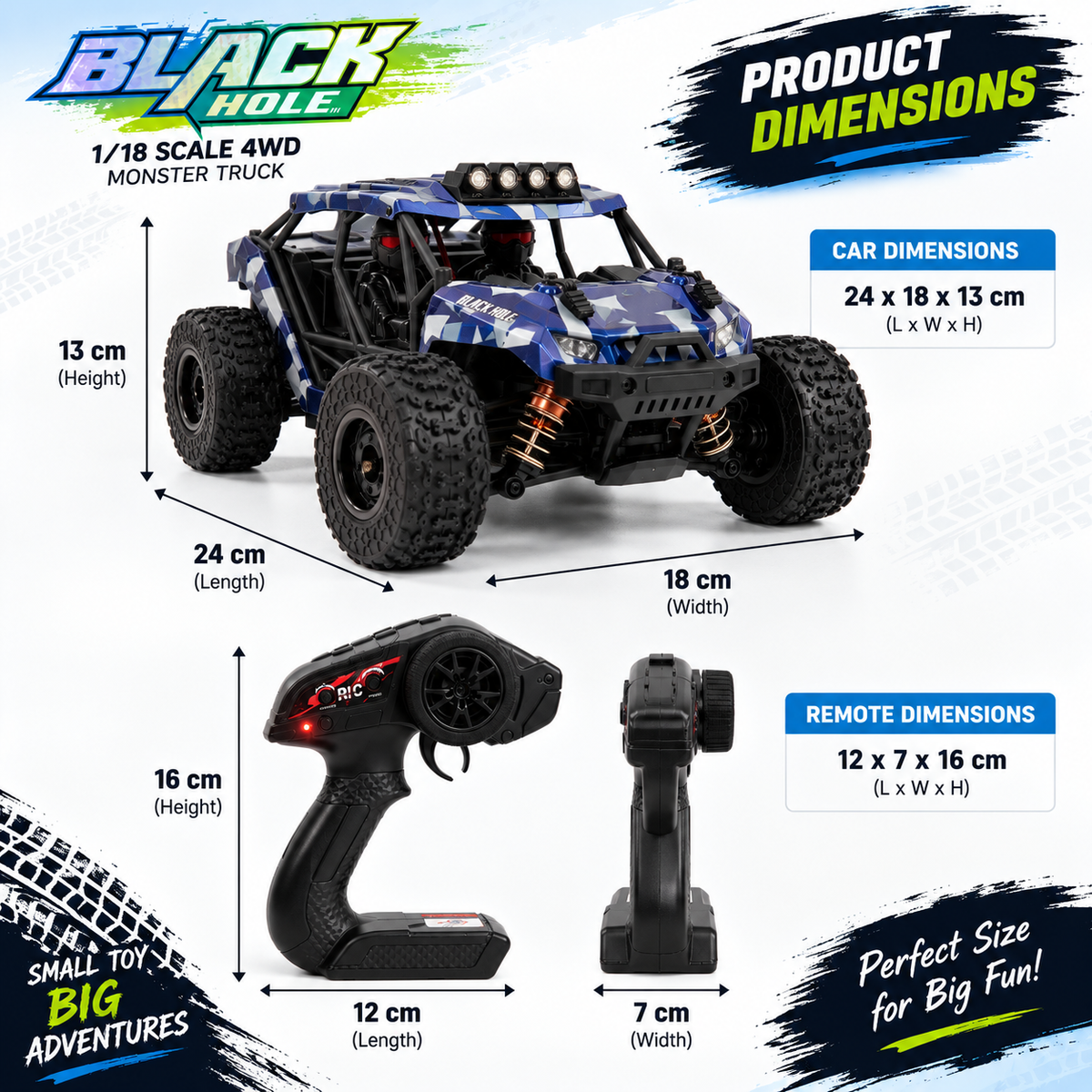 Black Hole 1:18 4WD RC Monster Truck with LED Lights