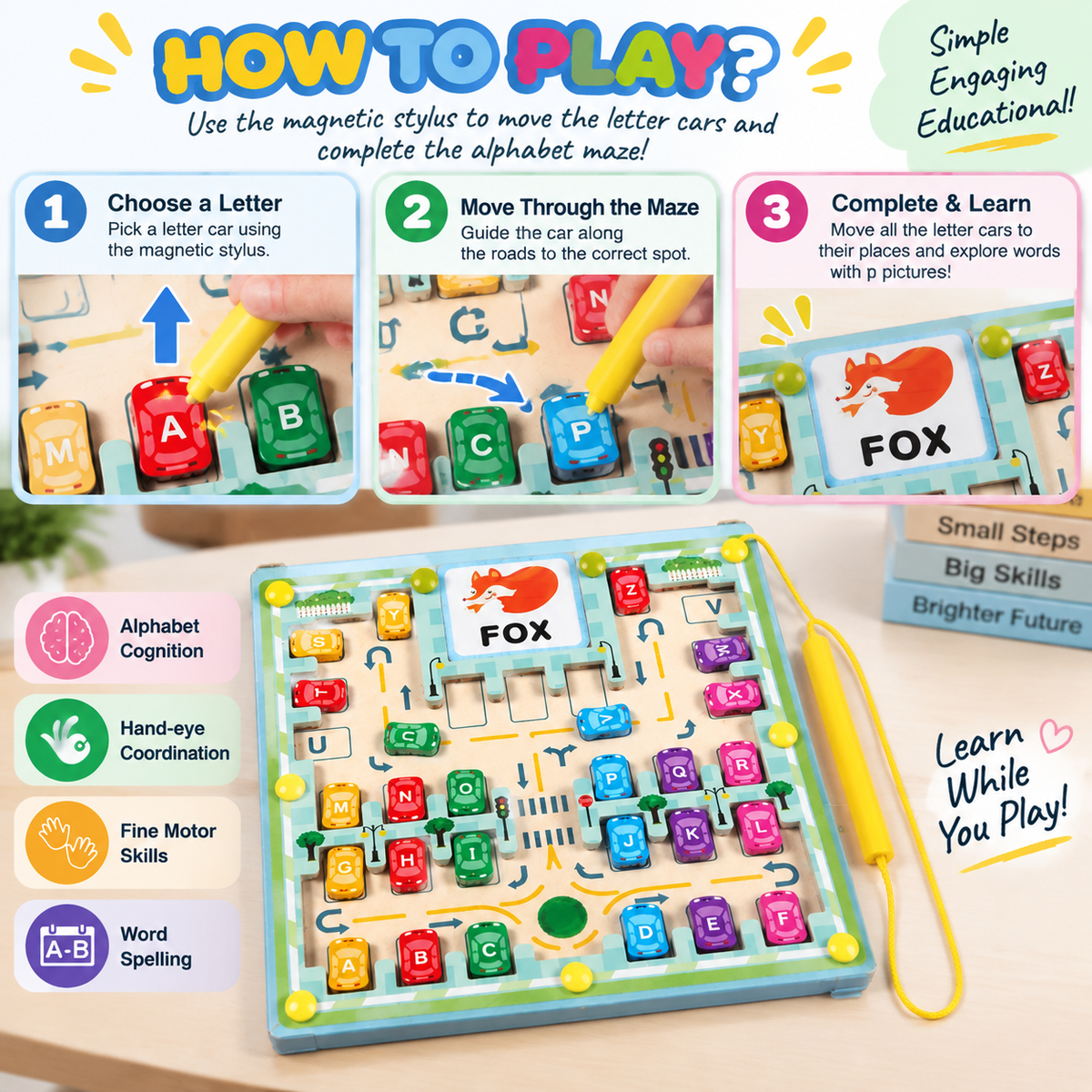 Magnetic Alphabet Maze & Spelling Board with Letter Cars
