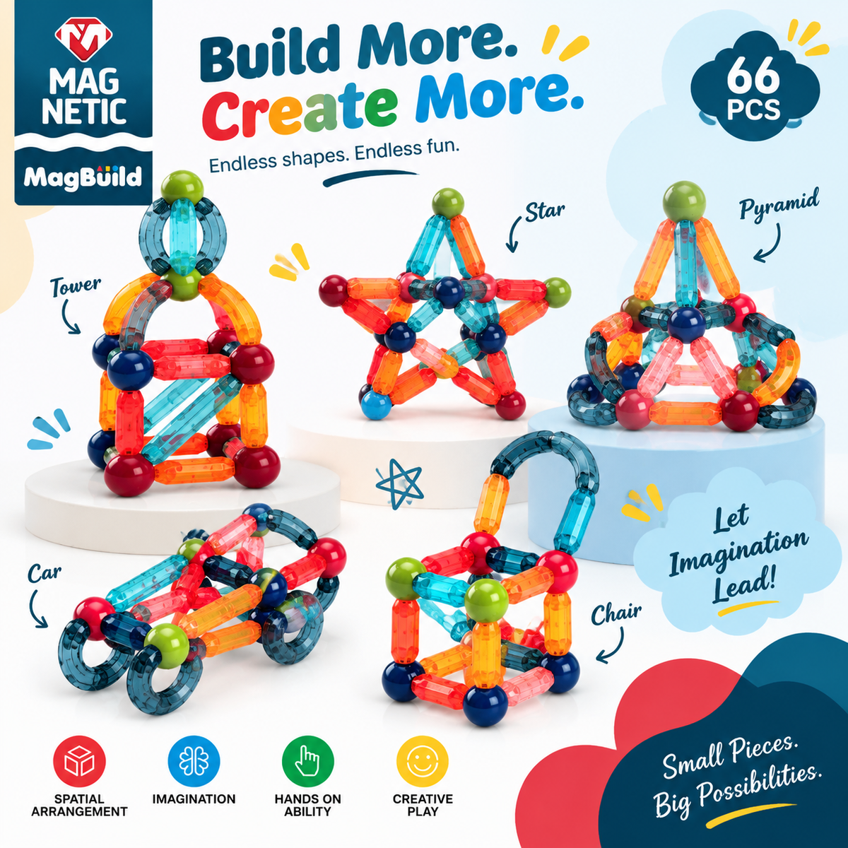 MagBuild 66-Piece Magnetic Building Set – Creative STEM Construction Toy