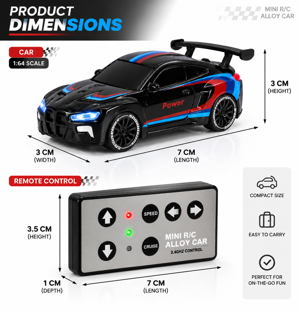 Mini 1:64 RC Alloy Car with LED Lights & 2.4GHz Remote