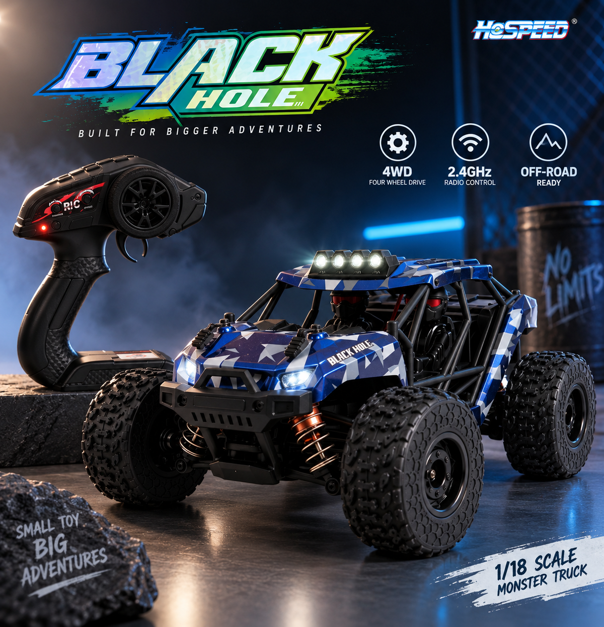 Black Hole 1:18 4WD RC Monster Truck with LED Lights