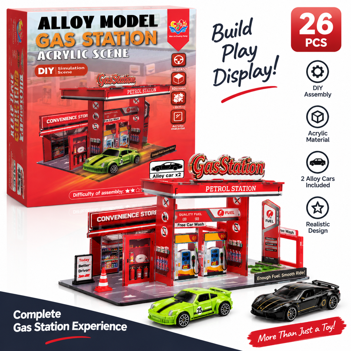 DIY Gas Station Acrylic Playset – 26 Pieces with 2 Alloy Cars