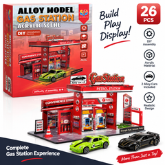 DIY Gas Station Acrylic Playset – 26 Pieces with 2 Alloy Cars