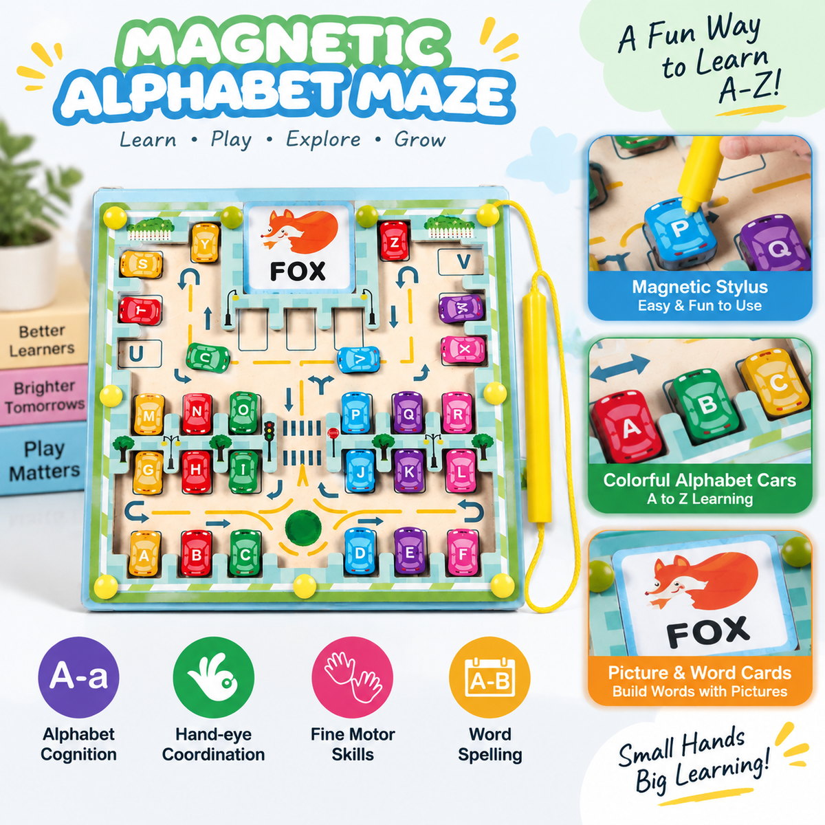 Magnetic Alphabet Maze & Spelling Board with Letter Cars