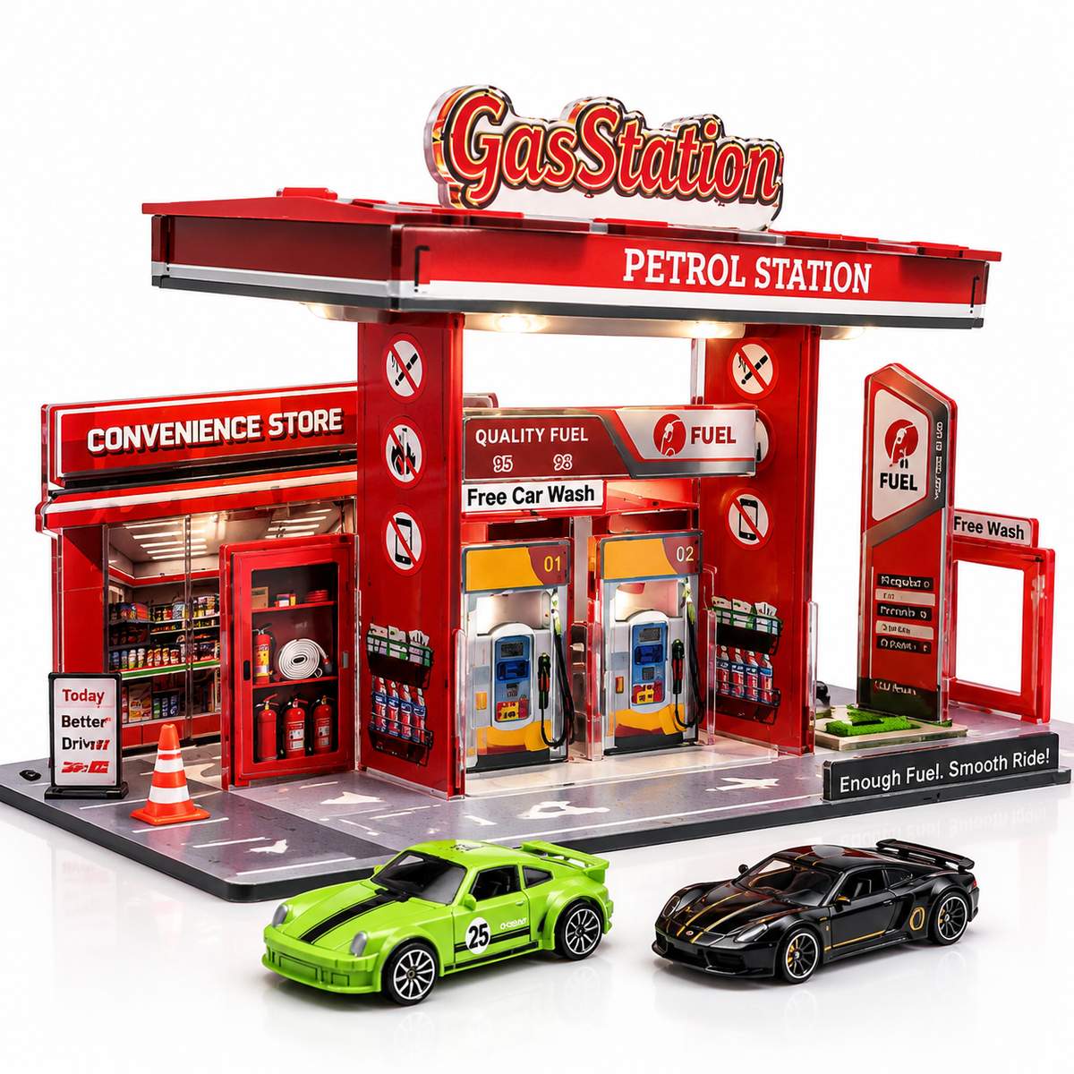 DIY Gas Station Acrylic Playset – 26 Pieces with 2 Alloy Cars