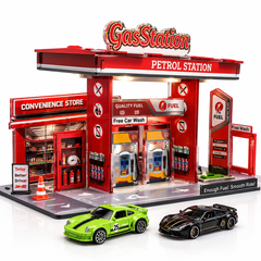 DIY Gas Station Acrylic Playset – 26 Pieces with 2 Alloy Cars