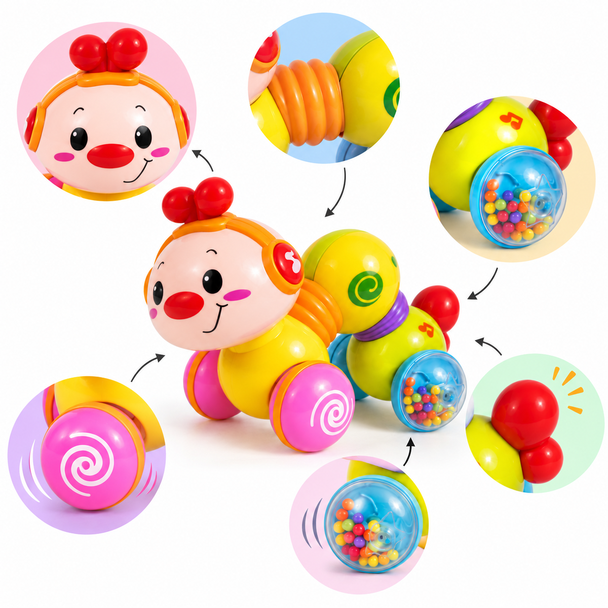 Happy Wiggle Worm Rolling Activity Toy with Rattle Wheel